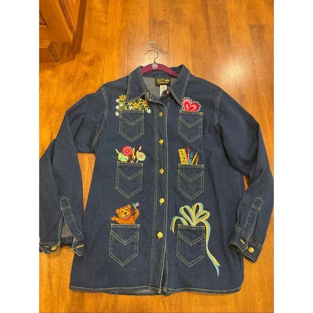 Bob Mackie Wearable Art Denim Button Front Shirt Jacket Medium Whimsical Embroid